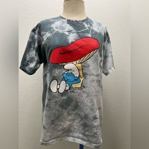 The Smurfs Lazy Mushroom Cartoon Graphic T-Shirt Retro Style Large Gray Tie Dye
